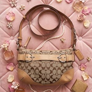 COACH Signature Canvas Hobo Bag Brown Leather Trim Women's Shoulder Bag